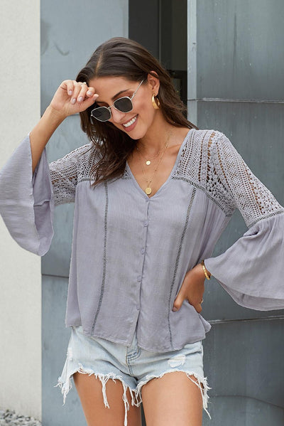 Flare Sleeve Spliced Lace V-Neck Shirt