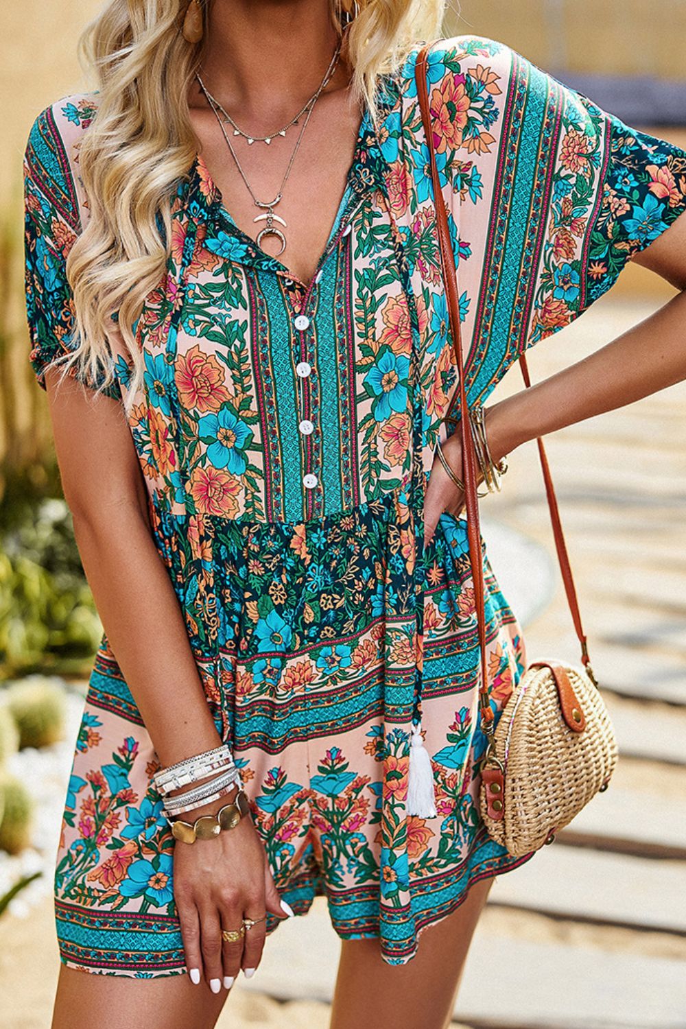 Floral Tassel Tie Short Sleeve Romper with Pockets