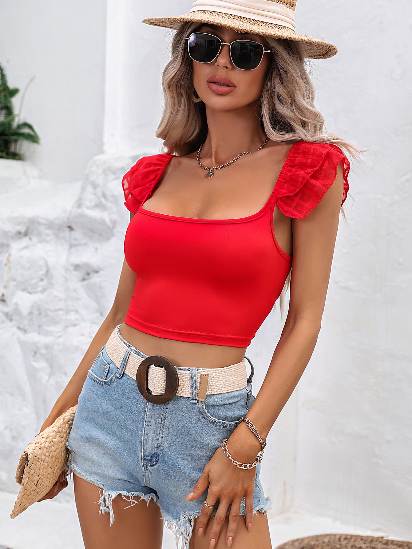 Square Neck Cap Sleeve Cropped Top