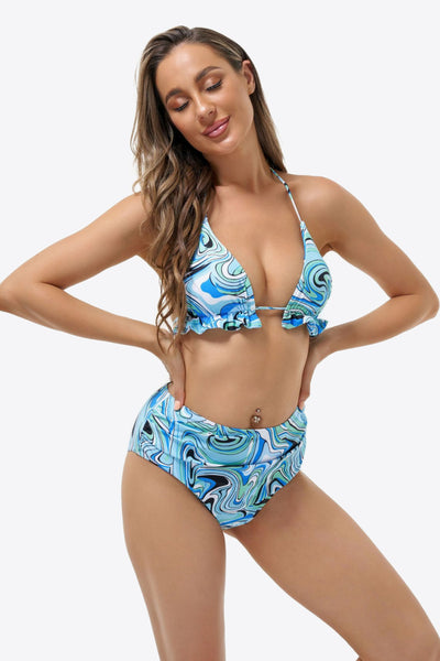 Printed Halter Neck Ruffled Bikini Set
