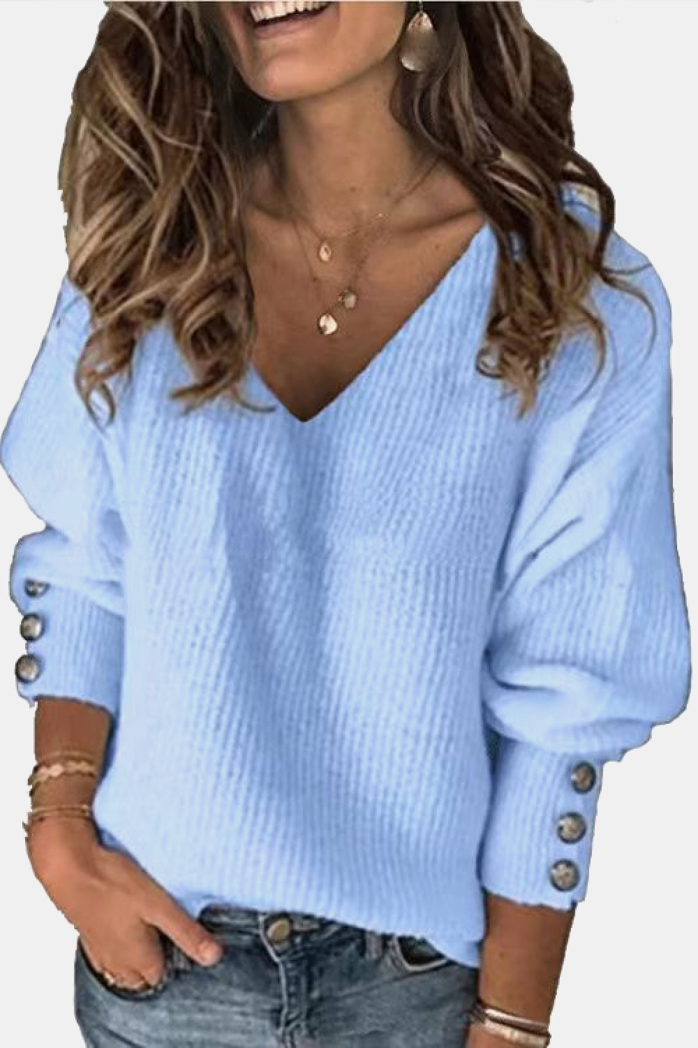 V-Neck Lantern Sleeve Buttoned Sweater
