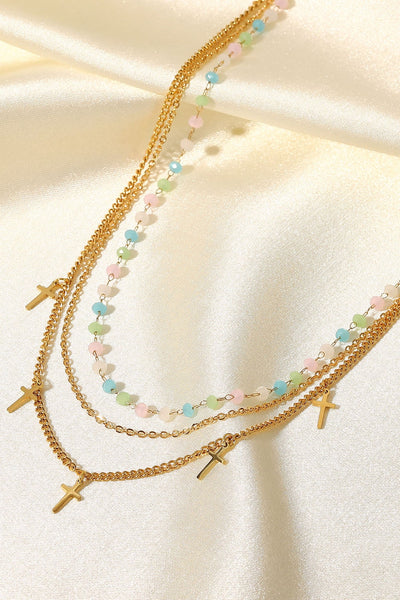 18K Gold Plated Cross Pendant Triple-Layered Necklace