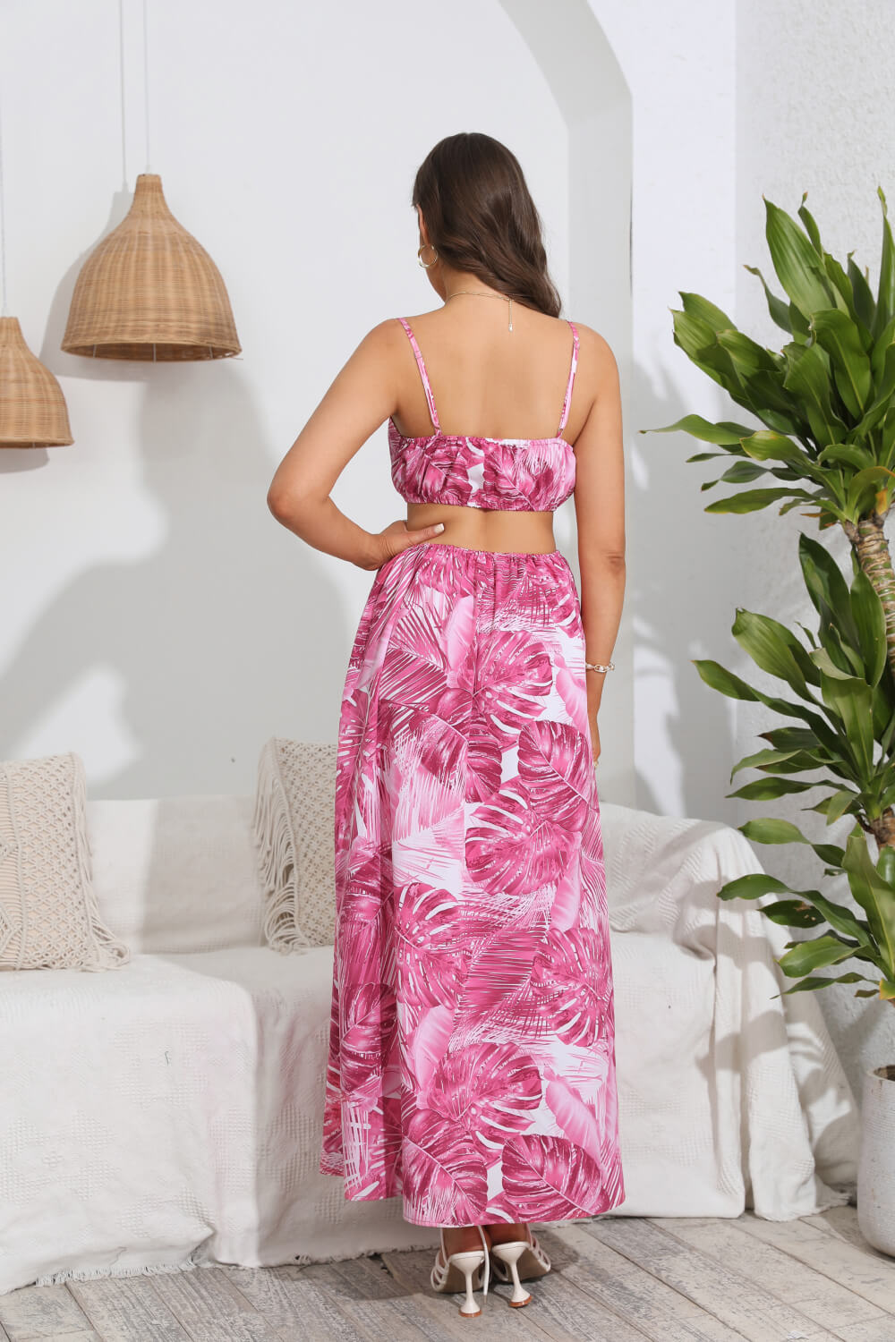 Botanical Print Spaghetti Strap Cutout Maxi Dress