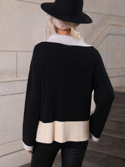 Color Block Half-Zip Dropped Shoulder Knit Pullover