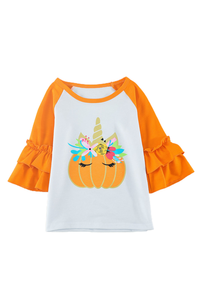 Pumpkin Print Colorblock Ruffled 3/4 Sleeve Girl's Shirt