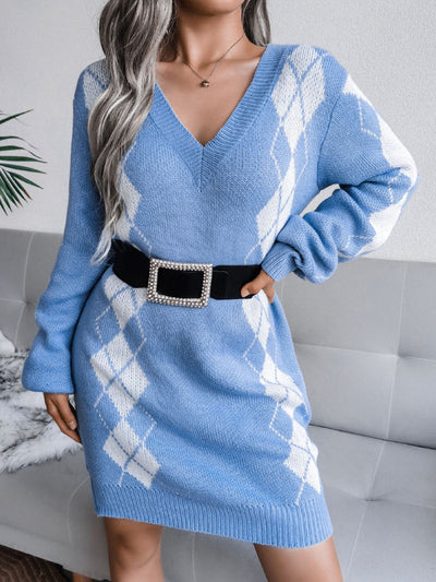 Argyle V-Neck Ribbed Trim Sweater Dress