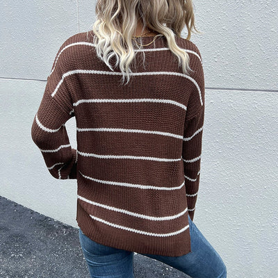 Striped V-Neck Slit Dropped Shoulder Sweater