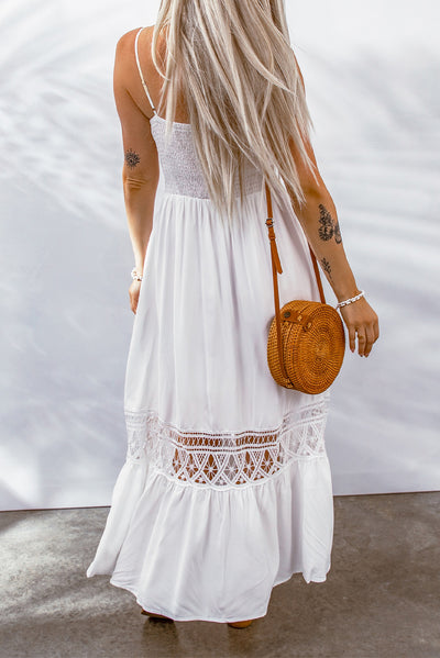 White Buttoned Spliced Lace Spaghetti Strap Maxi Dress