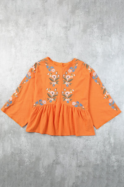 Embroidered Buttoned Peplum Top