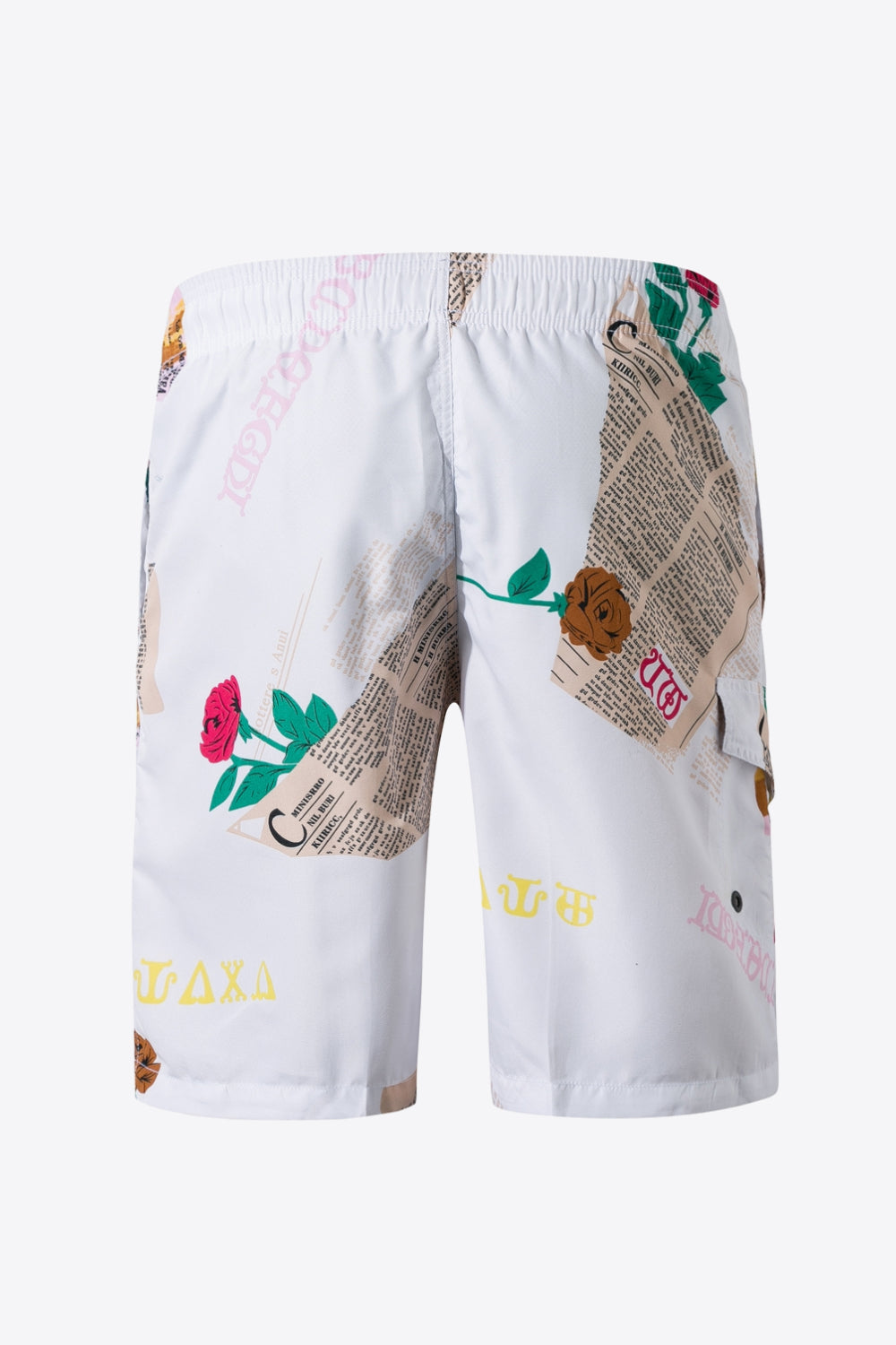 Full Size Newspaper Print Drawstring Waist Swim Trunks