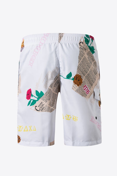 Full Size Newspaper Print Drawstring Waist Swim Trunks