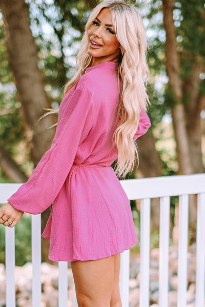 Rose Textured Button Down Belted Dress - LALA D&C