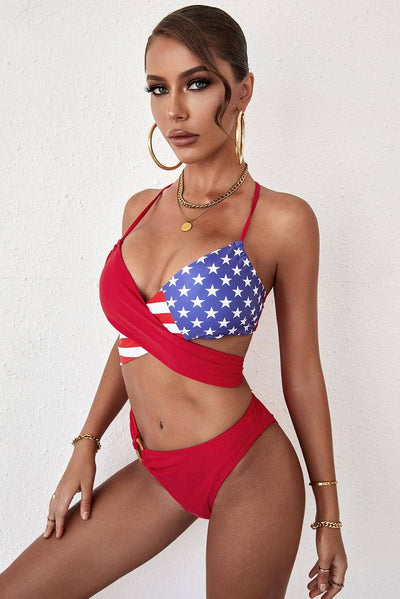 American Flag Print Halter Neck Bikini Set