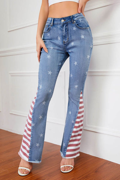 Full Size US Flag Frayed Hem Flare Jeans