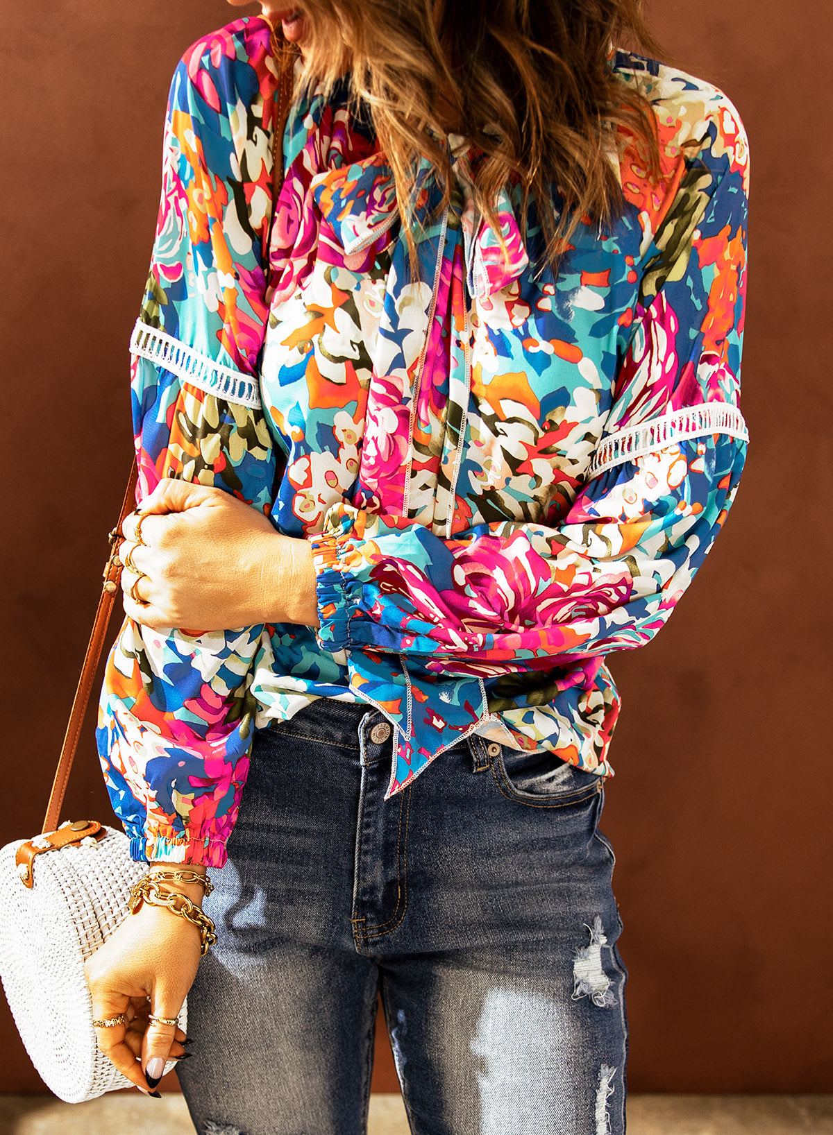 Bright Floral Tie Neck Balloon Sleeve Top