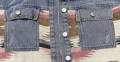 Retro Long Sleeve Colorblock With Pocket Denim Jackets