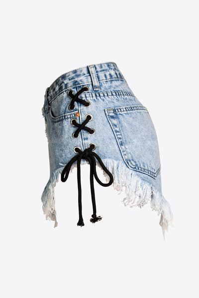Lace-Up Fringe Trim Button-Fly Denim Shorts