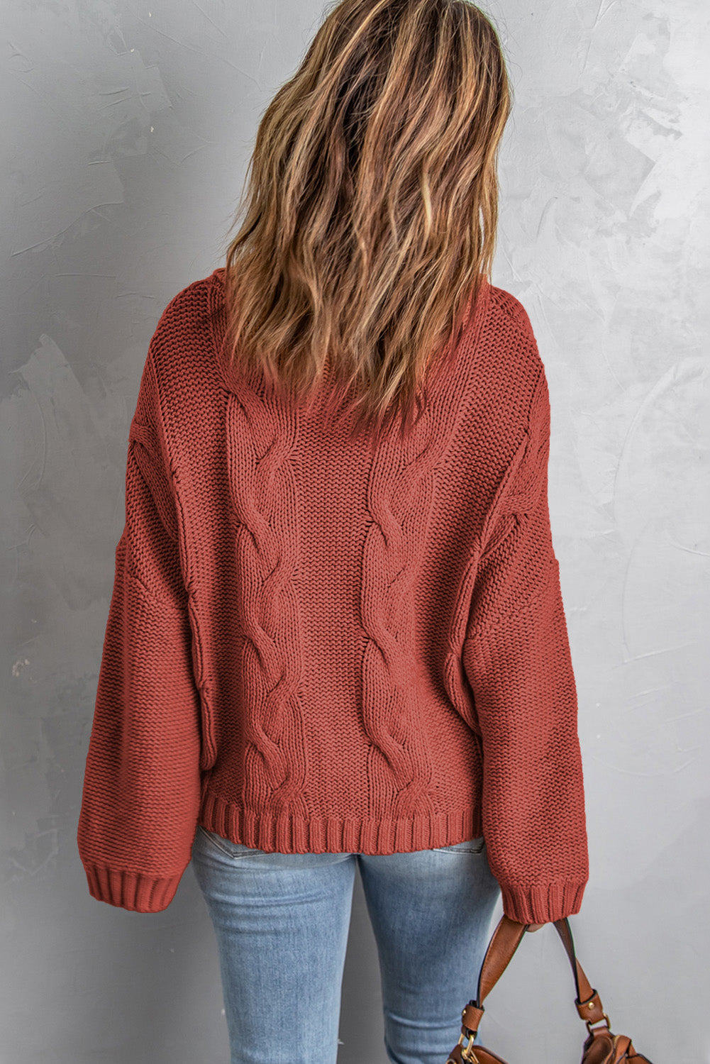 Cable-Knit Drop Shoulder Turtleneck Pullover Sweater