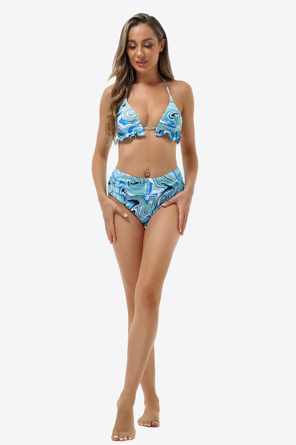 Printed Halter Neck Ruffled Bikini Set