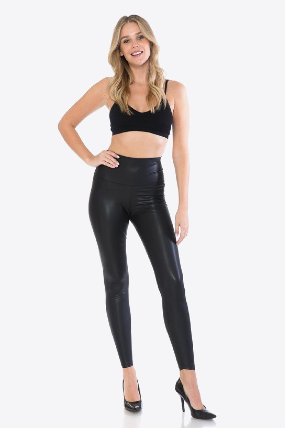 Black PU Leather Wide Waistband Leggings in Black