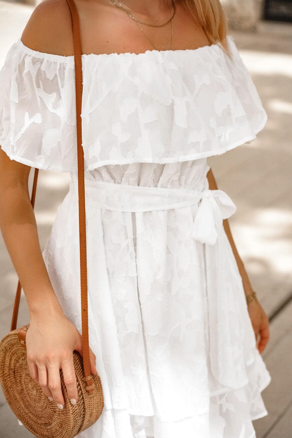 Applique Off-Shoulder Belted Mini Dress - LaLa D&C