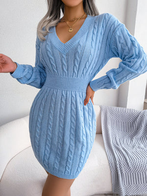 Sky Blue Cable-Knit V-Neck Mini Sweater Dress - LALA D&C