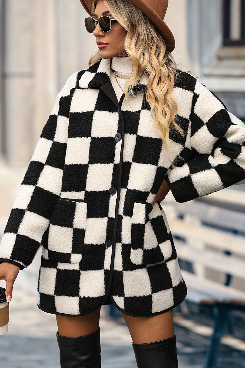Plaid Buttoned Collared Neck Faux Fur Outwear