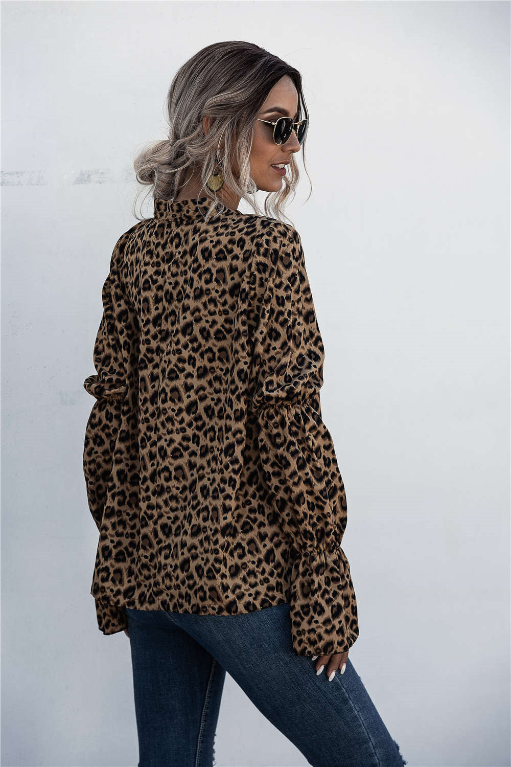 Leopard Tie-Neck Flounce Sleeve Blouse