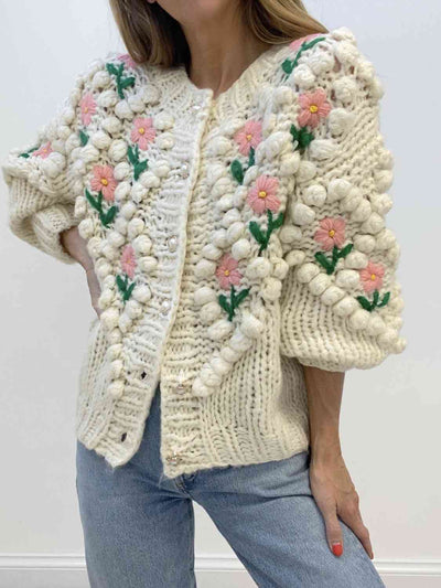 Floral Button Up Round Neck Long Sleeve Cardigan
