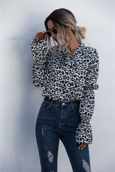 Leopard Tie-Neck Flounce Sleeve Blouse