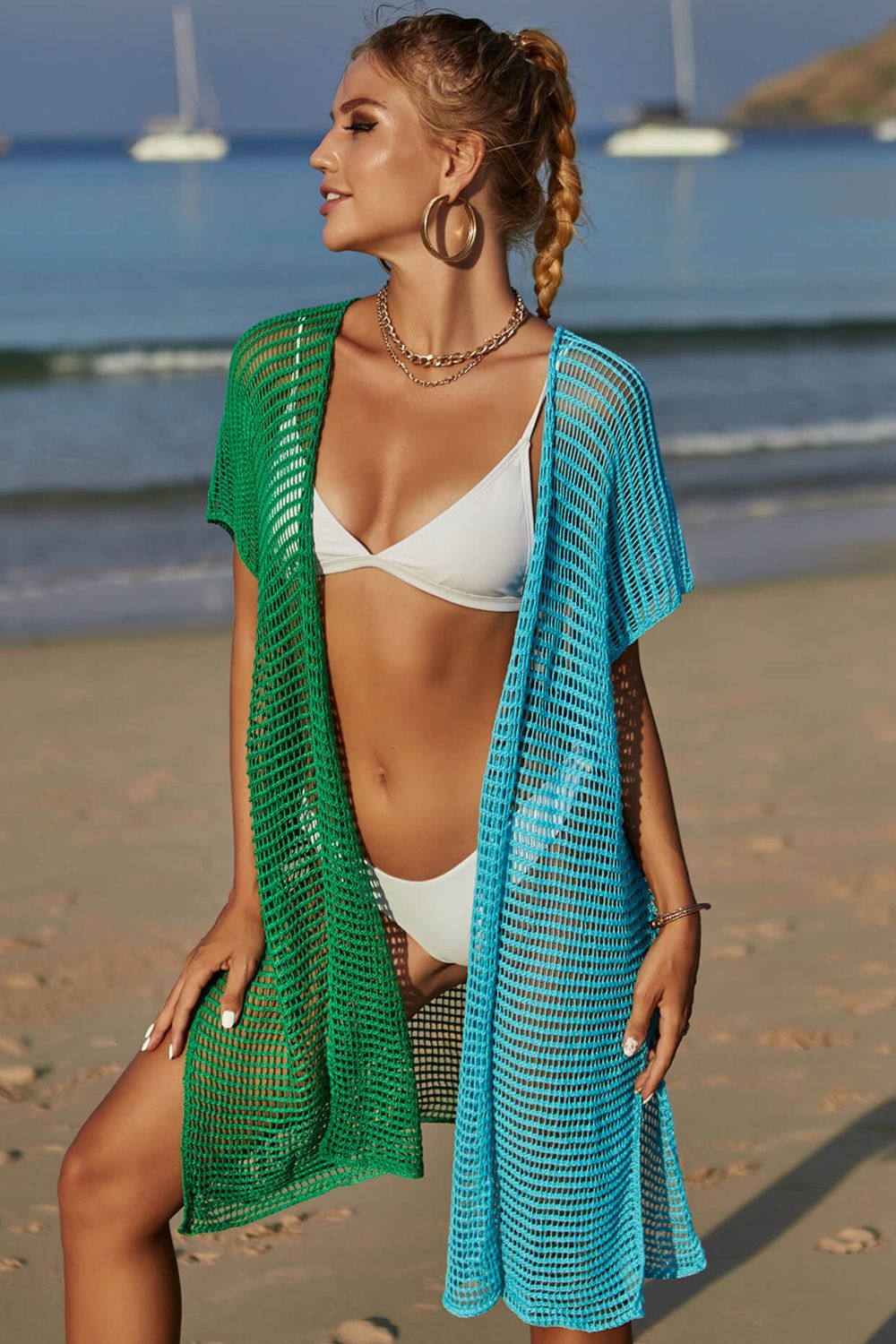 Bright Two-Tone Side Slit Open Front Cover Up