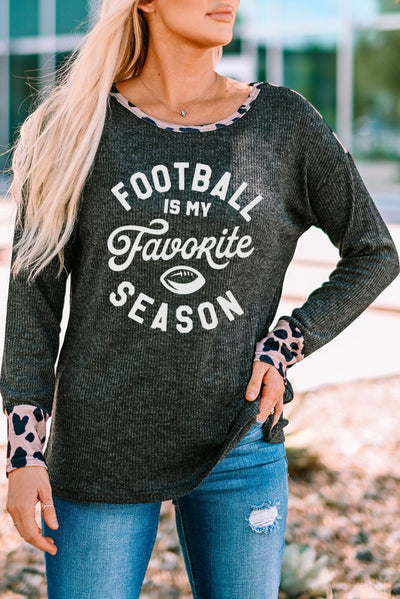 Black Rugby Letter Leopard Color Block Ribbed Long Sleeve Top