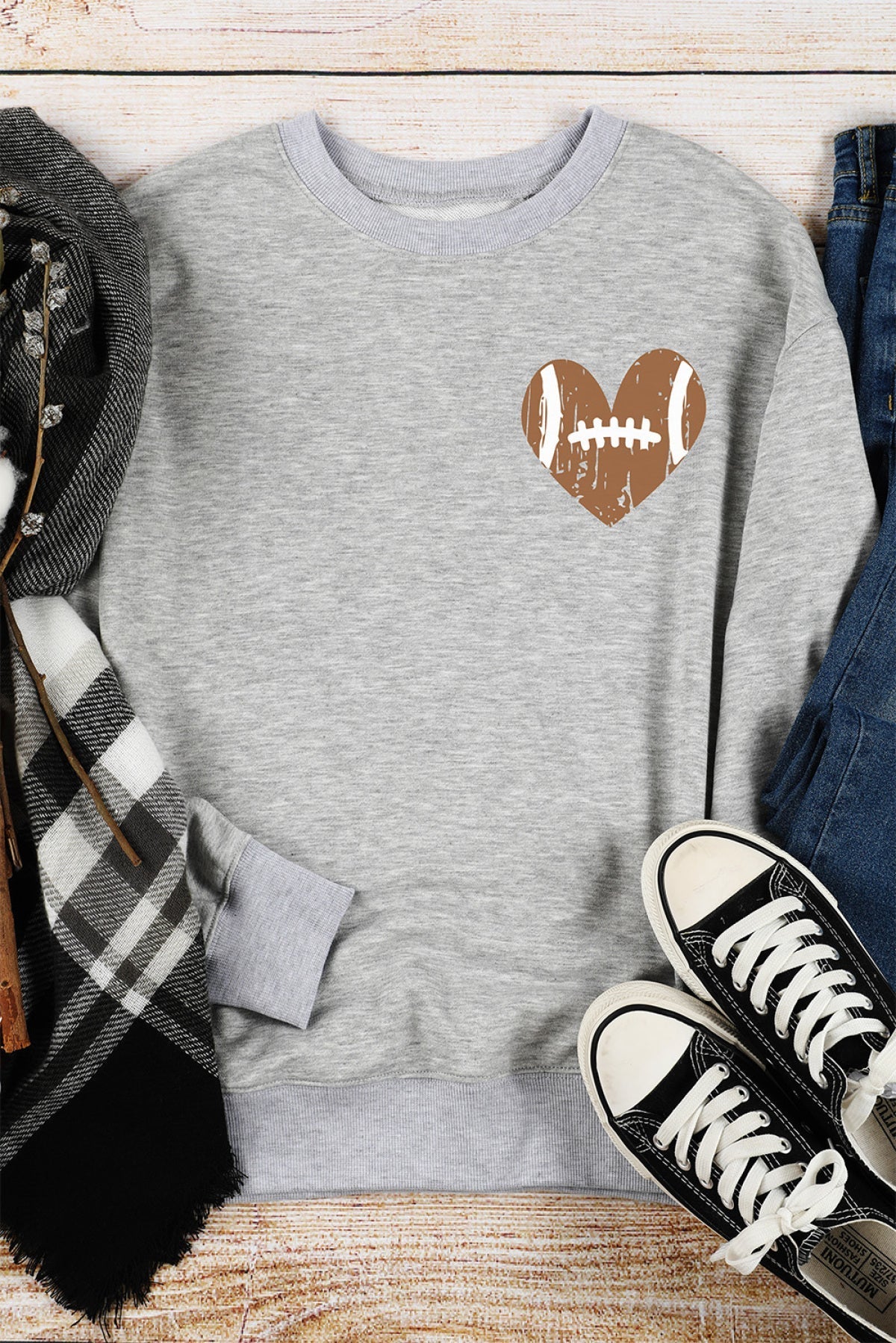 Gray Rugby Heart Shape Print Long Sleeve Sweatshirt