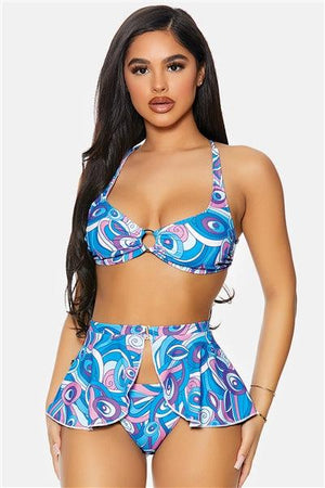 Blueberry Martinique Gold Ring Strappy Back Peplum Skirt Bikini Swimwear 3 Piece Set - LaLa D&C