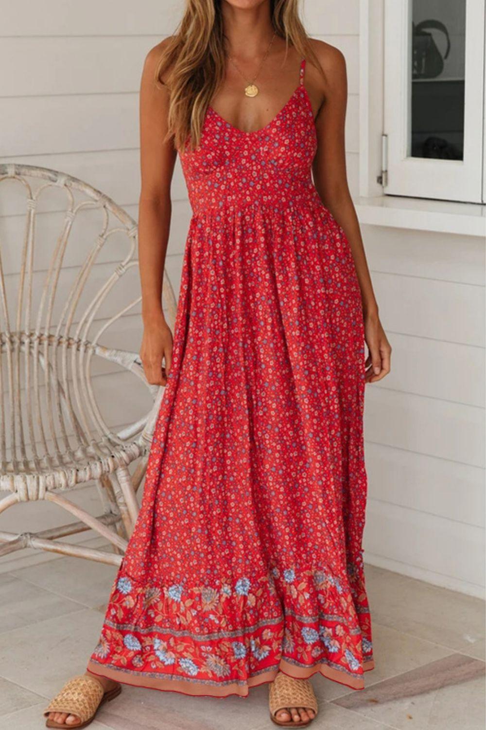 Bohemian Spaghetti Strap Frill Trim Maxi Dress - LaLa D&C