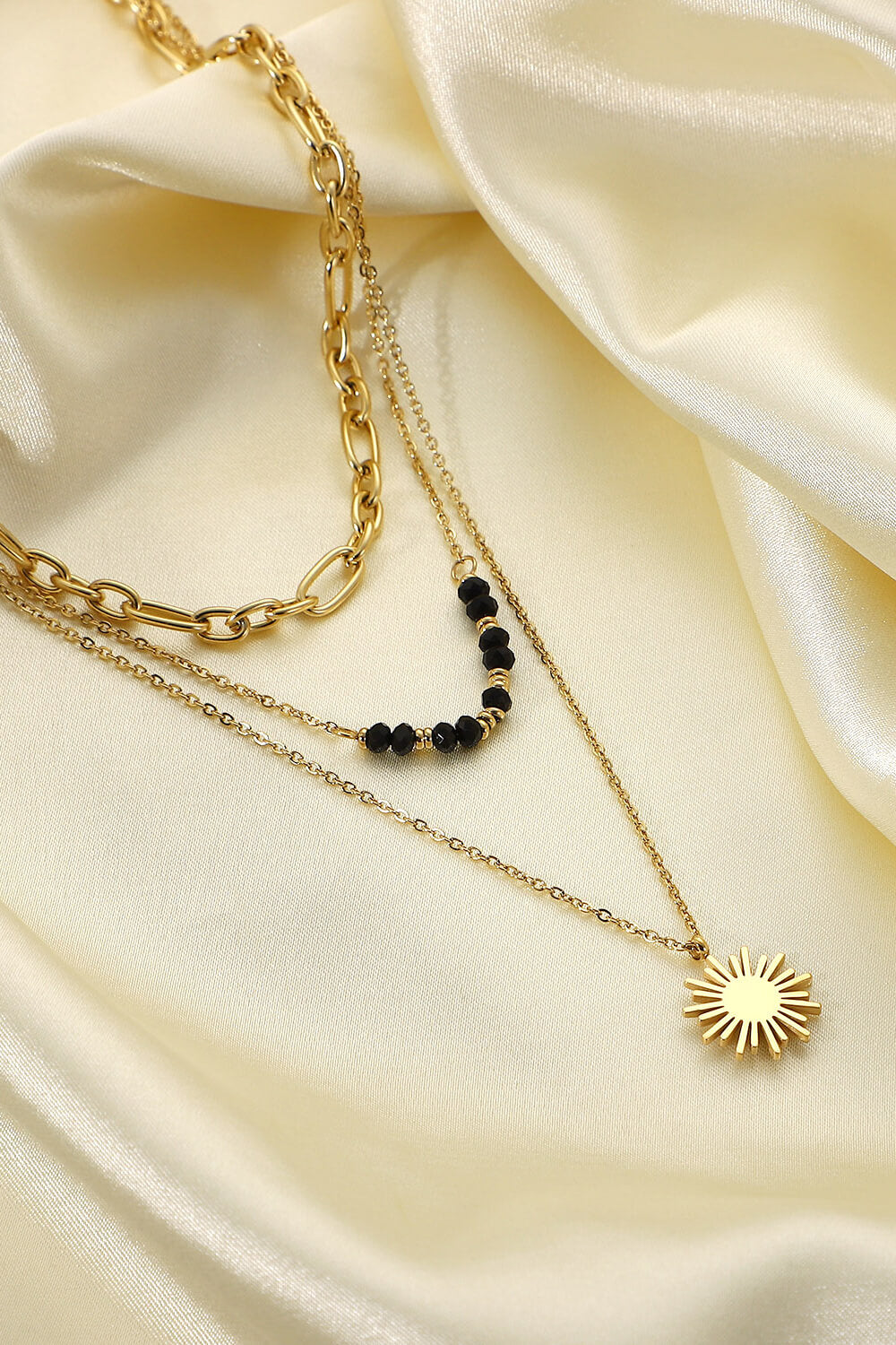 Sun Pendant Triple-Layered Chain Necklace