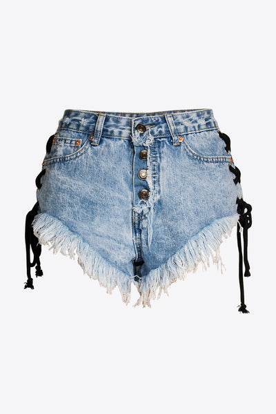 Lace-Up Fringe Trim Button-Fly Denim Shorts