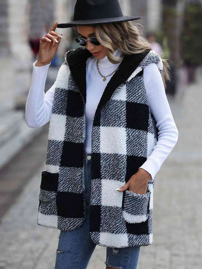 Plaid Hooded Vest with Pockets