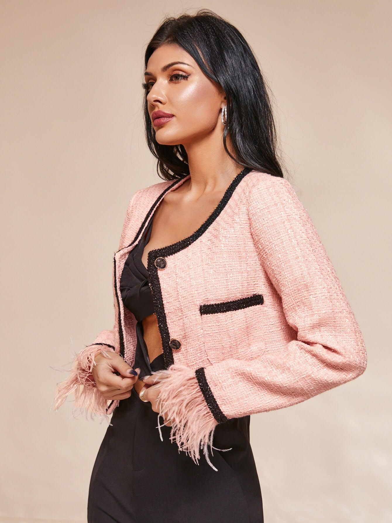 Contrast Feather Trim Cuff Cropped Jacket - LaLa D&C