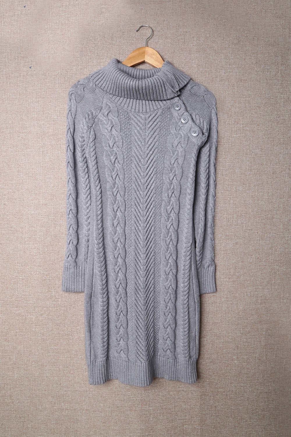 Cable-Knit Turtleneck Buttoned Sweater Dress