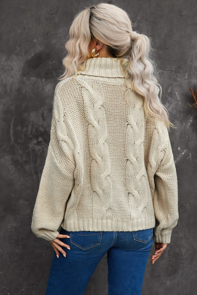 Cable-Knit Drop Shoulder Turtleneck Pullover Sweater
