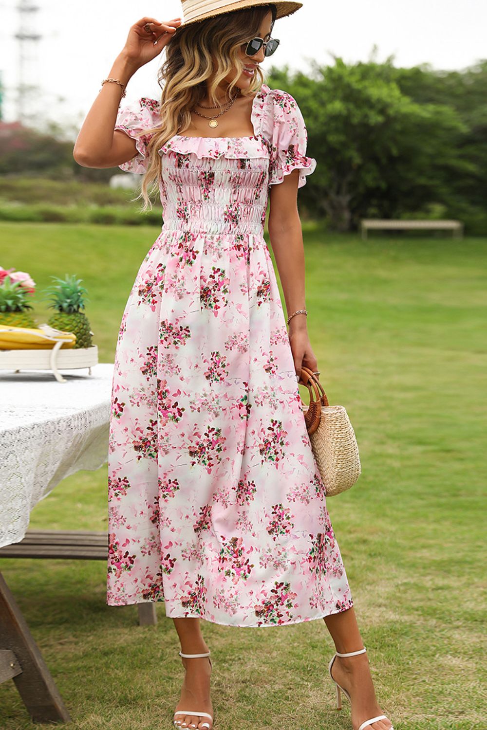 Floral Square Neck Flounce Sleeve Midi Dress