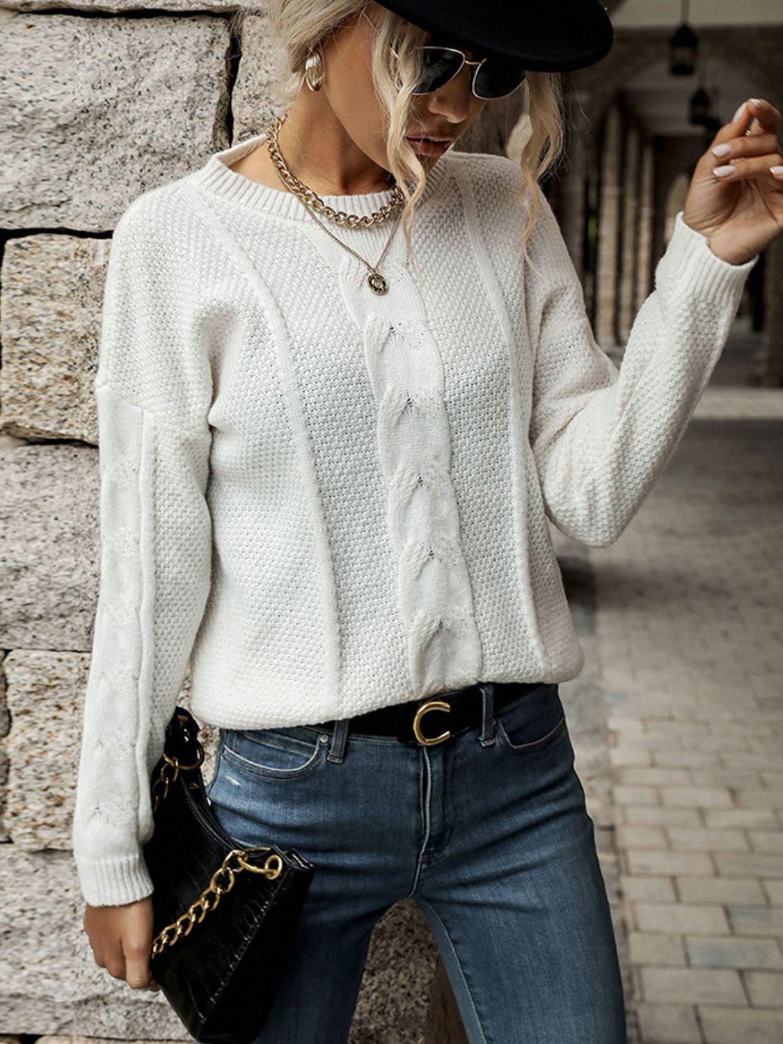 Dropped Shoulder Round Neck Cable-Knit Sweater - LaLa D&C