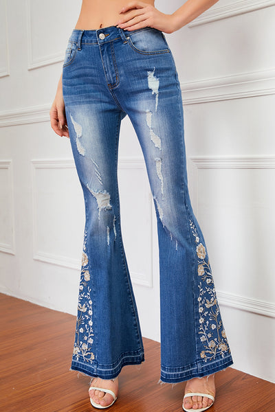 Full Size Flower Embroidery Distressed Jeans