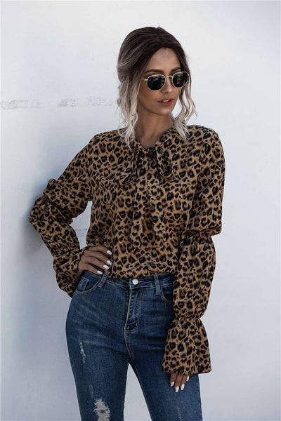 Leopard Tie-Neck Flounce Sleeve Blouse