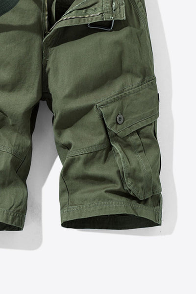Button and Zip Closure Belted Cargo Shorts