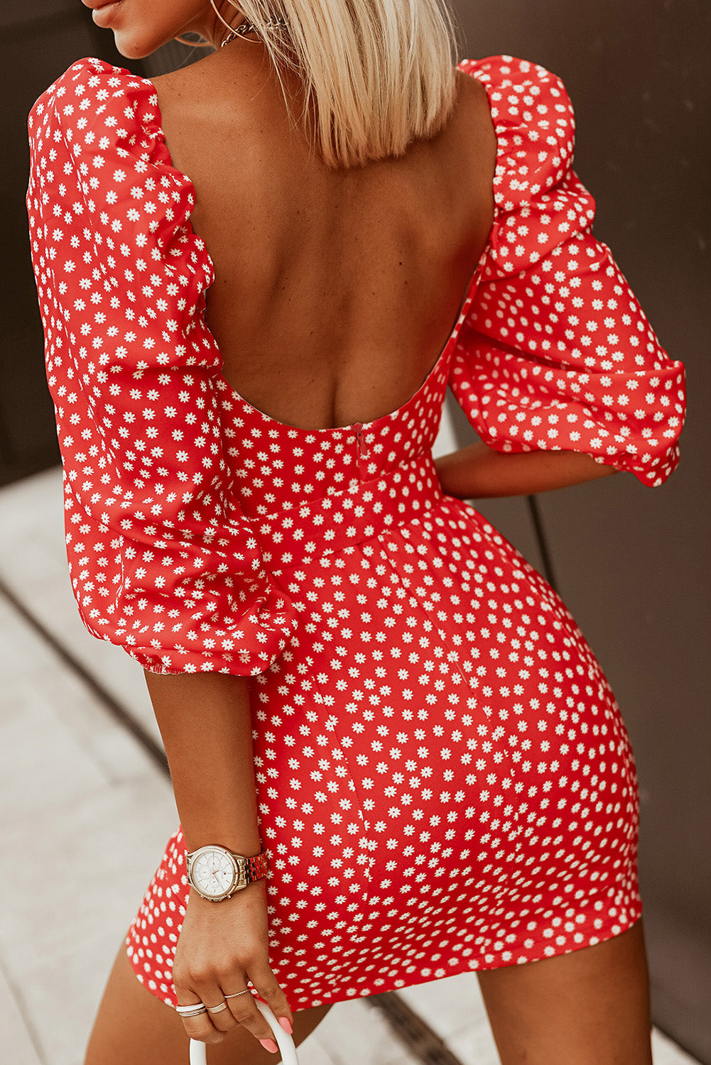 Red Daisy Print Belted Backless Mini Dress