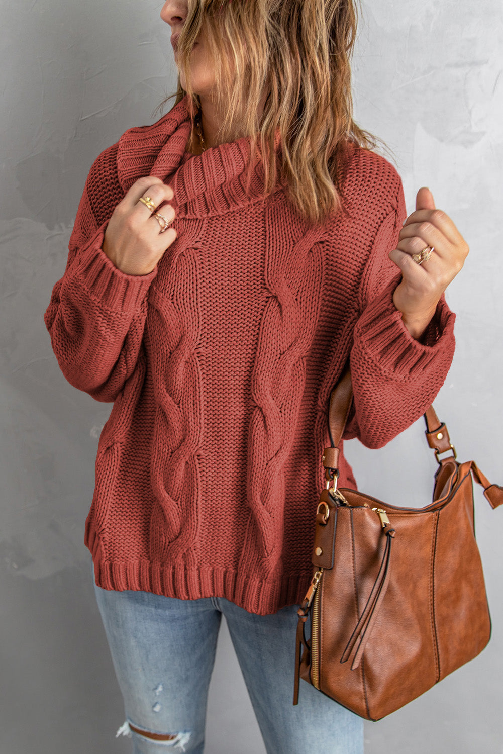 Cable-Knit Drop Shoulder Turtleneck Pullover Sweater