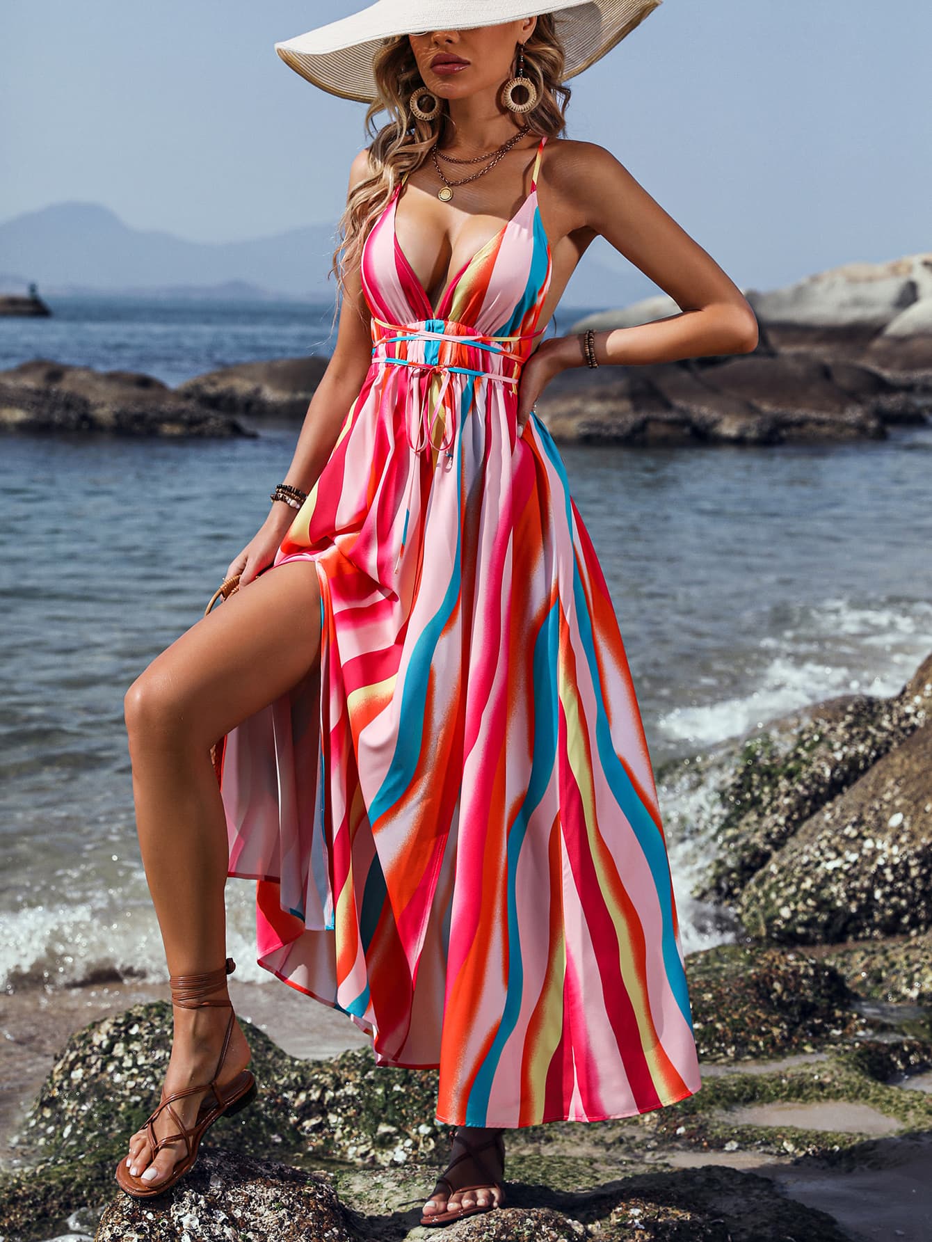 Striped Crisscross Backless Slit Dress