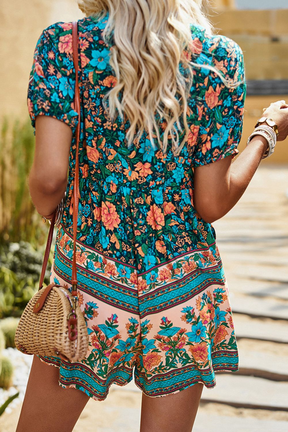 Floral Tassel Tie Short Sleeve Romper with Pockets